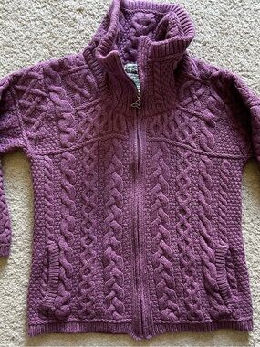 Aran Craft Wool Women’s Cable Knit Full-Zip Sweater Jacket - Mauve Purple Small